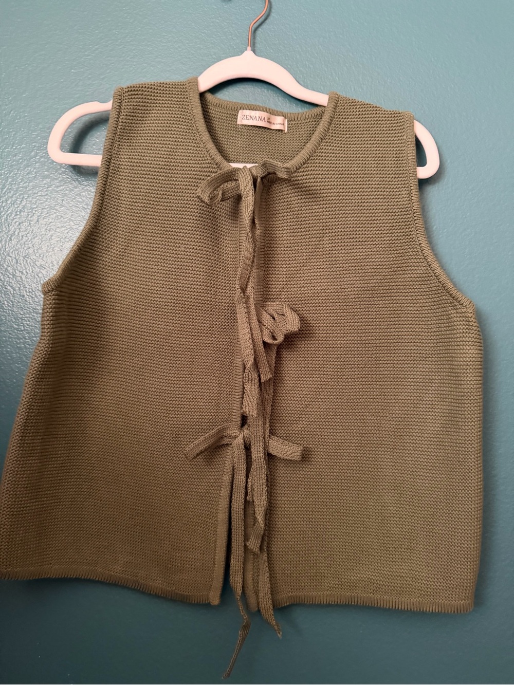 Zenana Outfitters Olive Green Knit Tie-Front Sleeveless Top